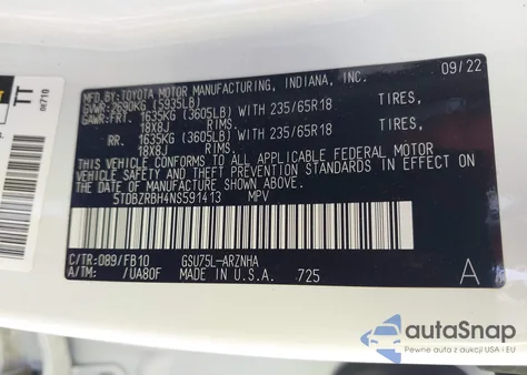 2022 Toyota Highlander Le from USA, damaged, VIN 5TDBZRBH4NS591413